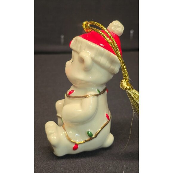 Lenox Very Merry Porcelain Teddy Bear w Santa Hat and Christmas Lights Ornament - Picture 2 of 7